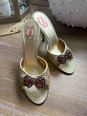 Hale Bob Gold Jeweled Bow Slip-On Mules